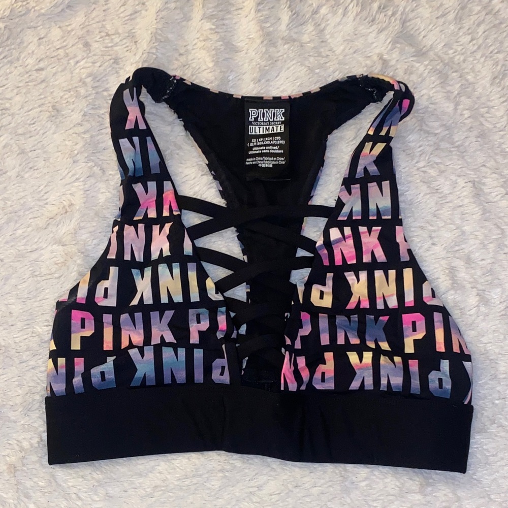 PINK Victoria's Secret Black Lace-Up Sports Bra with Multi-Color Logo Print